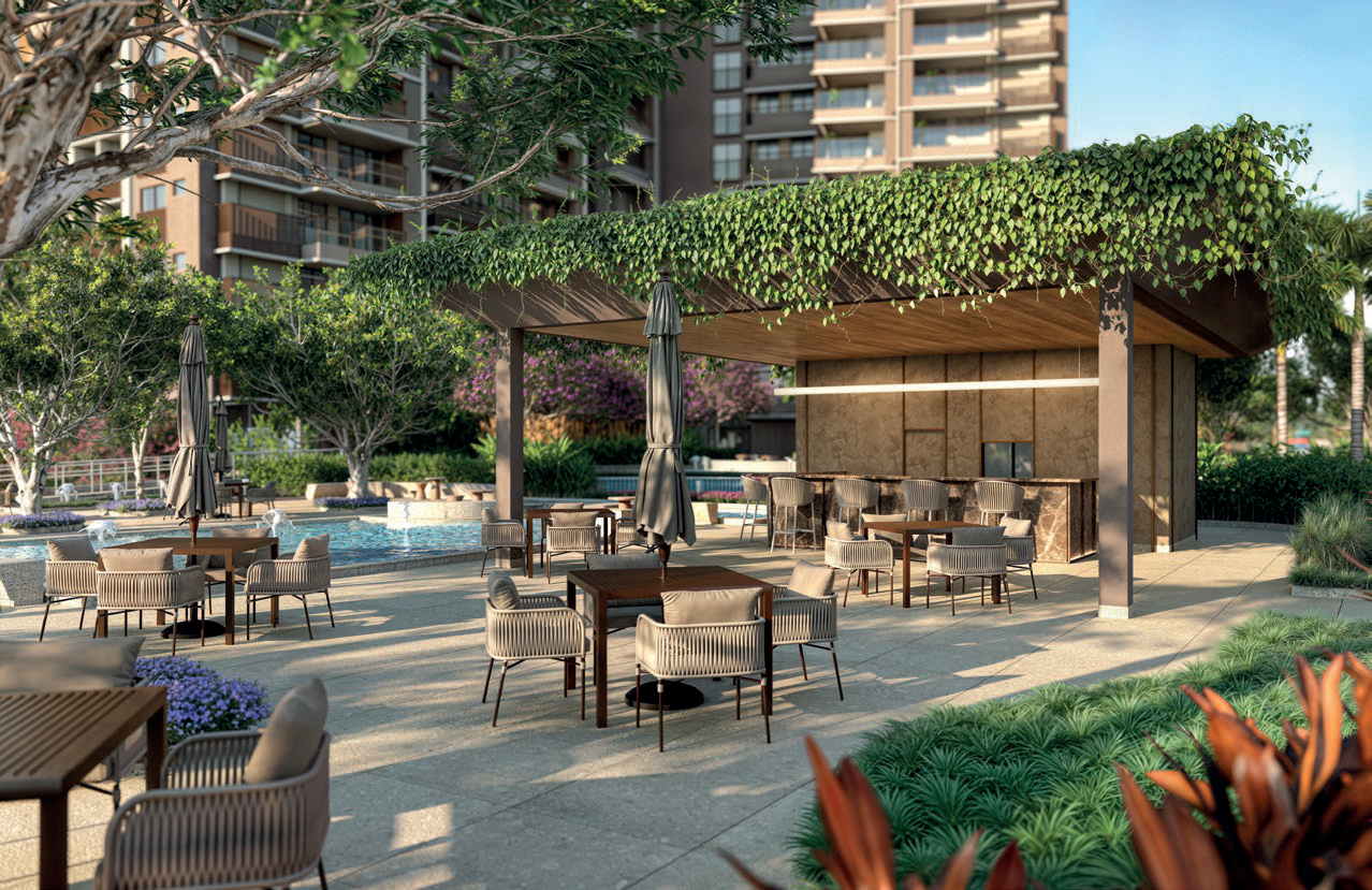 Pool bar com pergolado verde e mesas ao ar livre